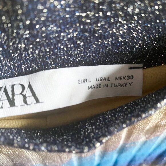 NWT  Zara Metallic Thread Knit Multi Blue Lightweight Wide Leg Summer Pants L - Picture 8 of 11